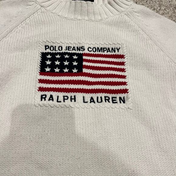 Polo Ralph Lauren Vintage American Flag Sweater Sz M White Mock Neck Preppy - Picture 2 of 7